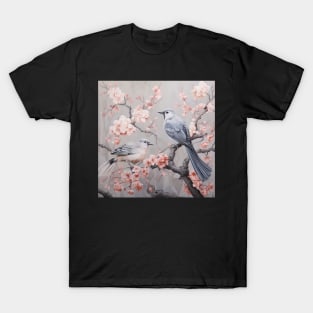 Grey and pink chinoiserie painting with birds and flowers T-Shirt